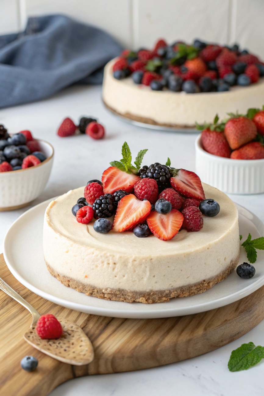 No-added sugar no-bake cheesecake topped with fresh berries – a healthy dessert option