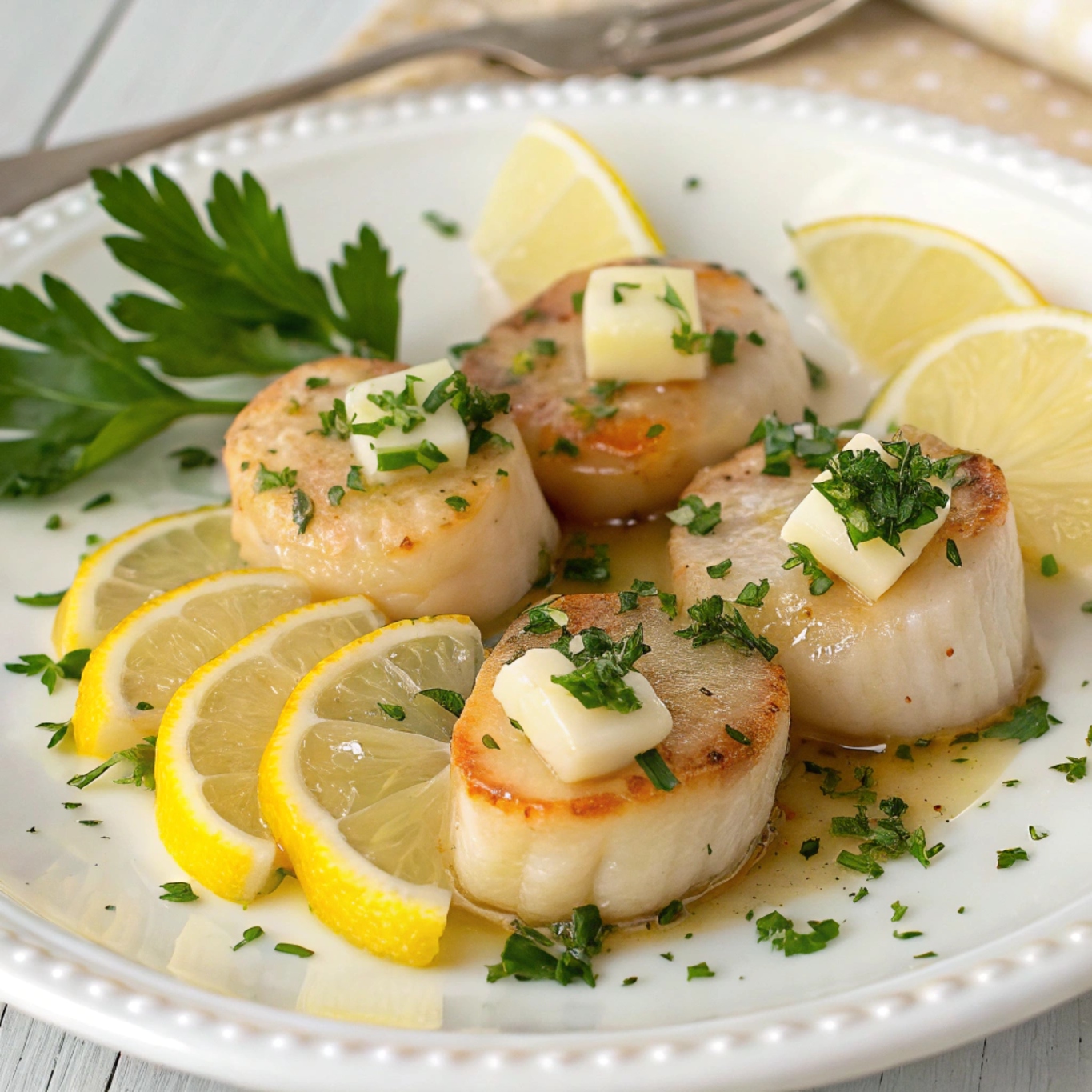 Plated Bake Garlic Butter Scallops served with lemon wedges and fresh herbs, ready to enjoy.