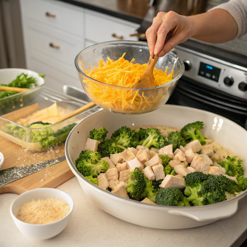 Preparing the Broccoli Cheddar Chicken Casserole: mixing ingredients and baking in the oven.