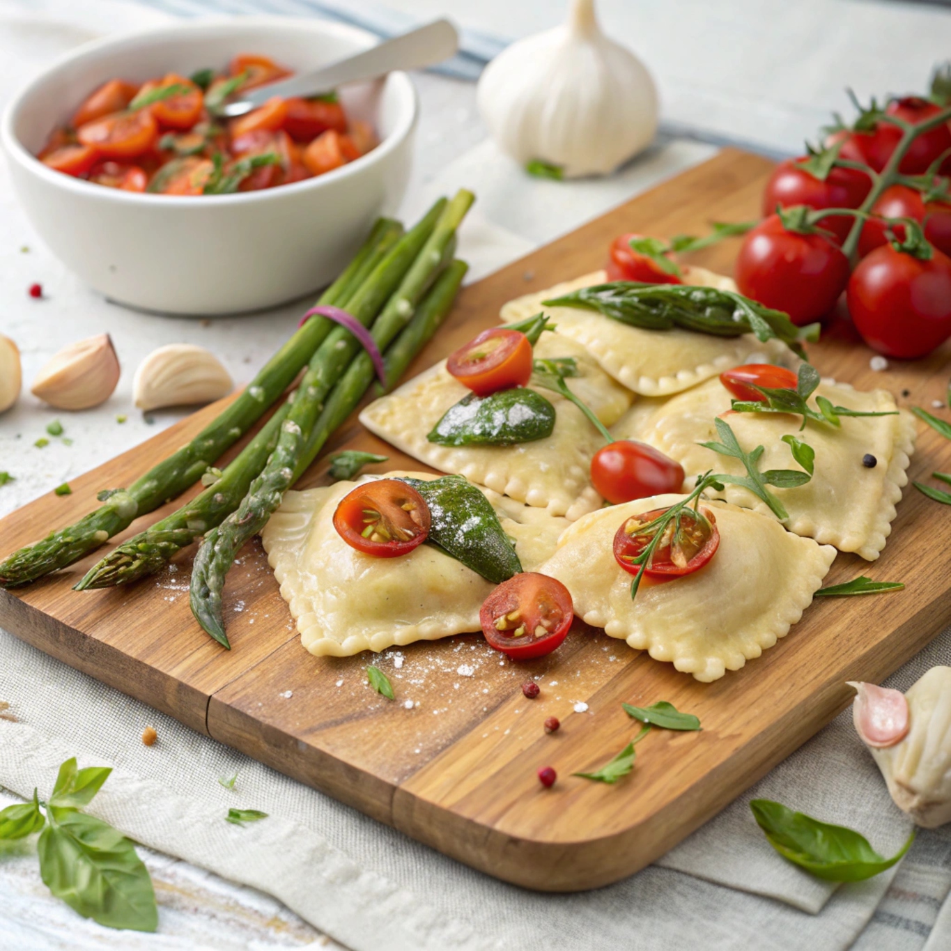 Assorted fresh ingredients for Ravioli with Tomatoes, Asparagus, Garlic, and Herbs, including cherry tomatoes, asparagus, garlic cloves, fresh basil, parsley, and olive oil