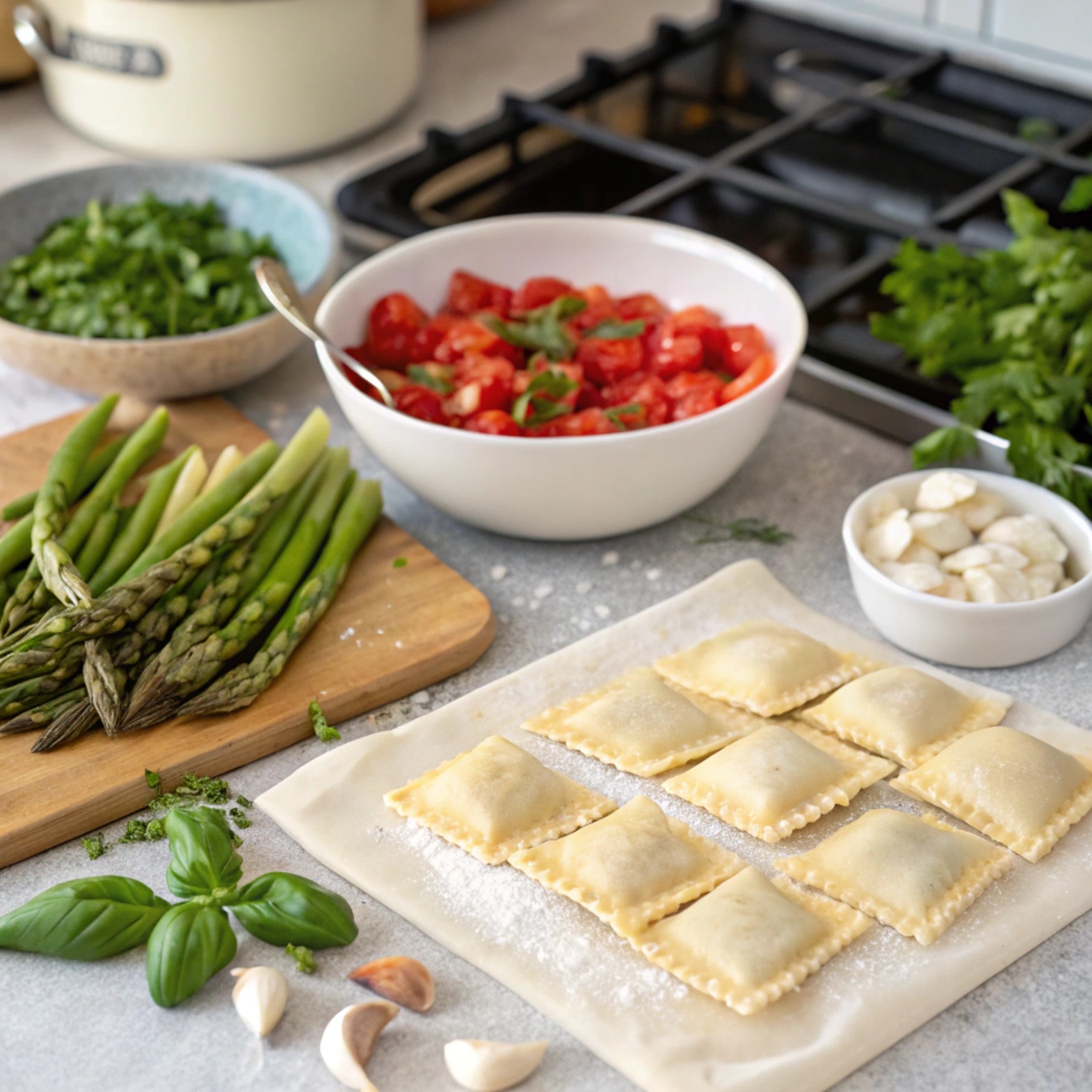 Step-by-step process of preparing ravioli with tomatoes, asparagus, garlic, and herbs, including sautéing vegetables, cooking ravioli, and assembling the dish