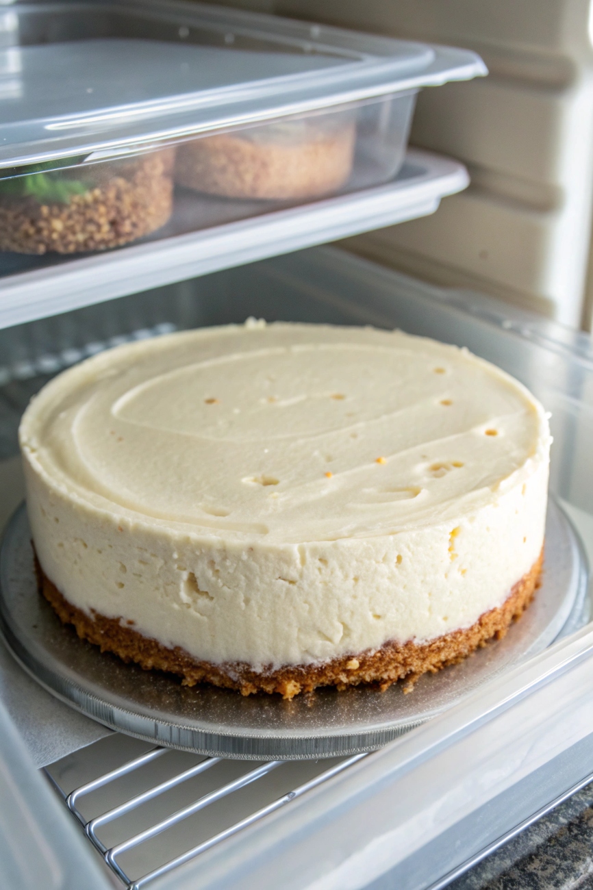 Refrigerated no-bake cheesecake stored tightly in an airtight container