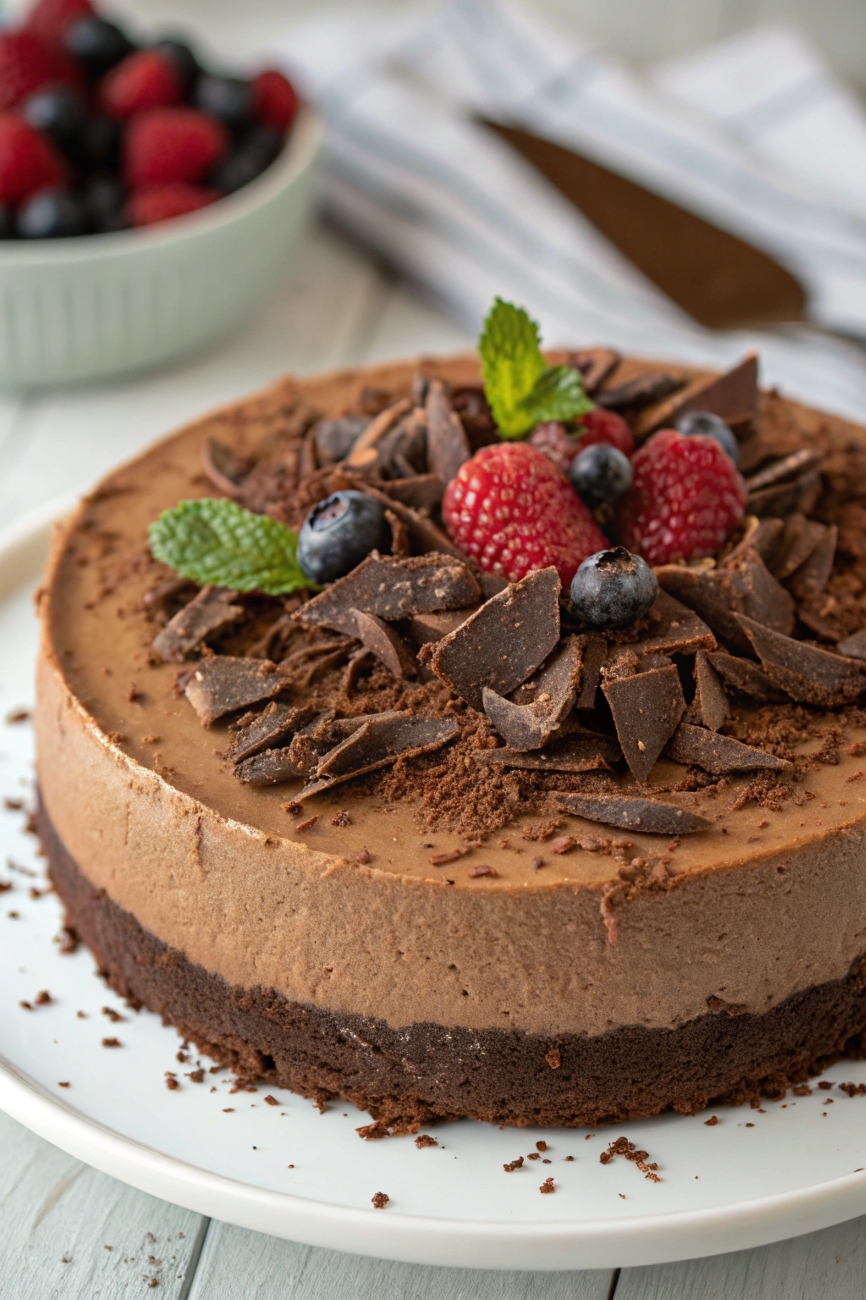 Rich chocolate no-bake cheesecake topped with chocolate shavings – an indulgent dessert recipe