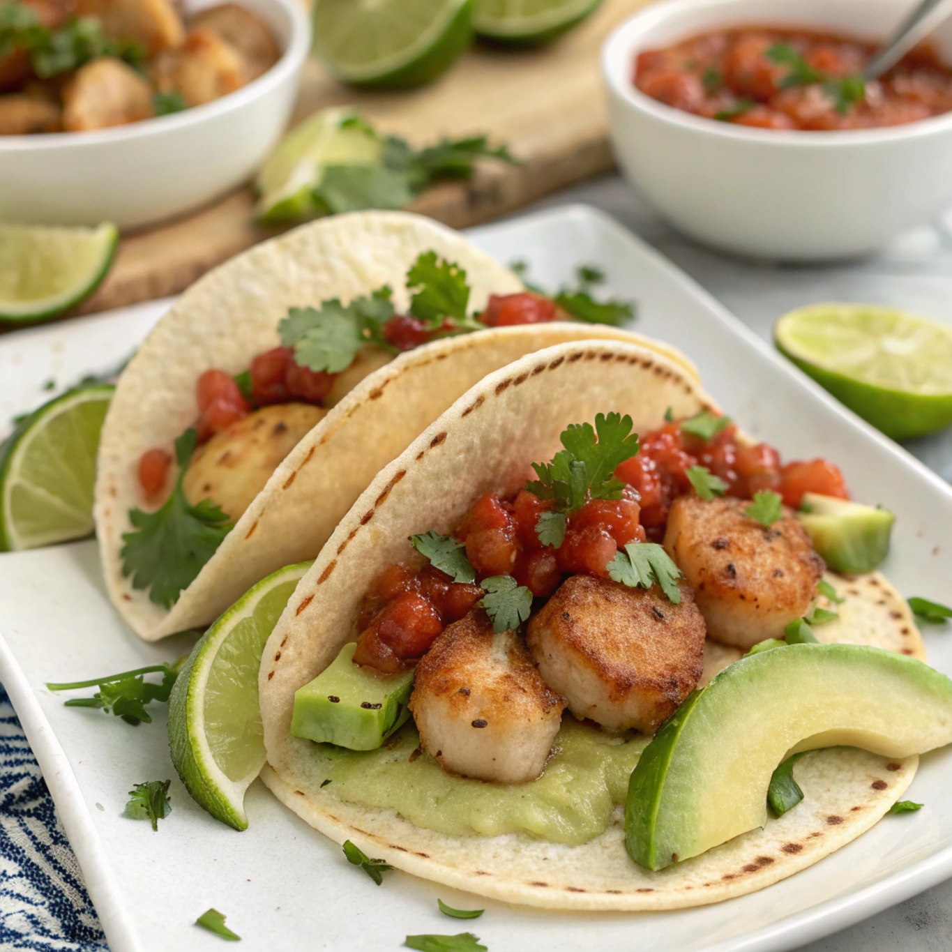 Seafood tacos with chopped Bake Garlic Butter Scallops, fresh avocado slices, and salsa in small tortillas.