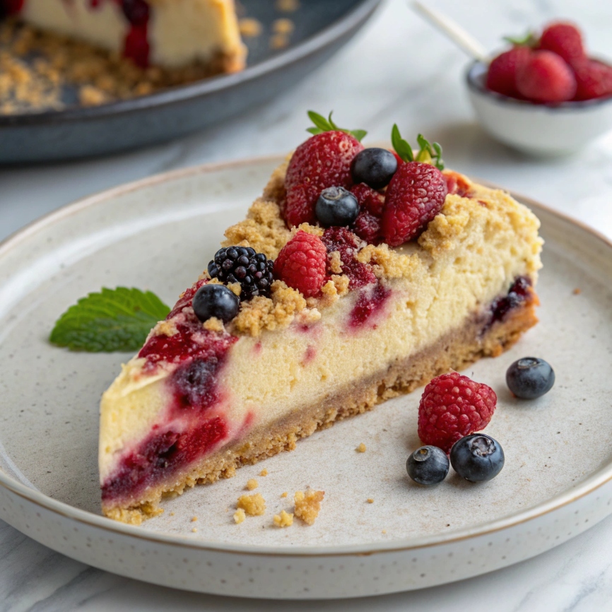 Slice of Triple Berry Crumble Cheesecake on a plate, garnished with fresh berries