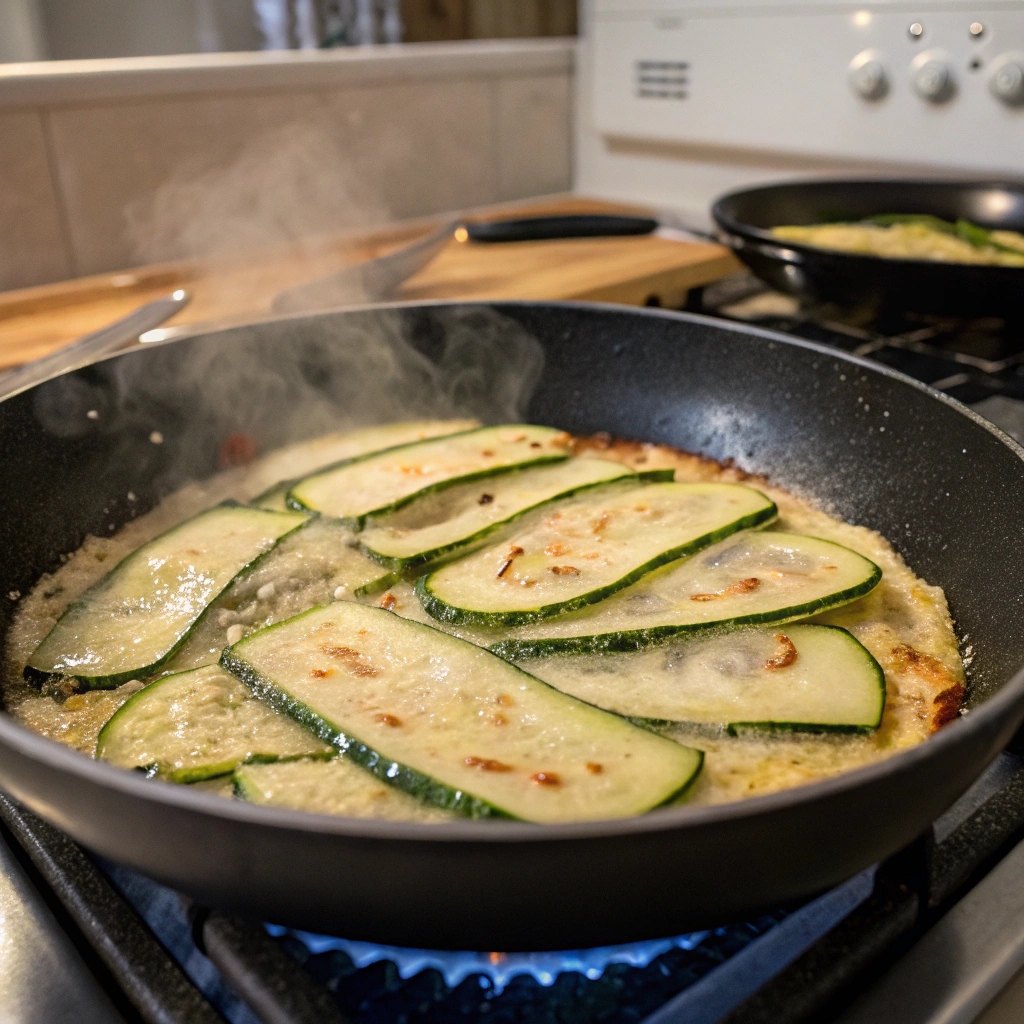Slices of Zucchini Scarpaccia being reheated in a skillet on the stove.  