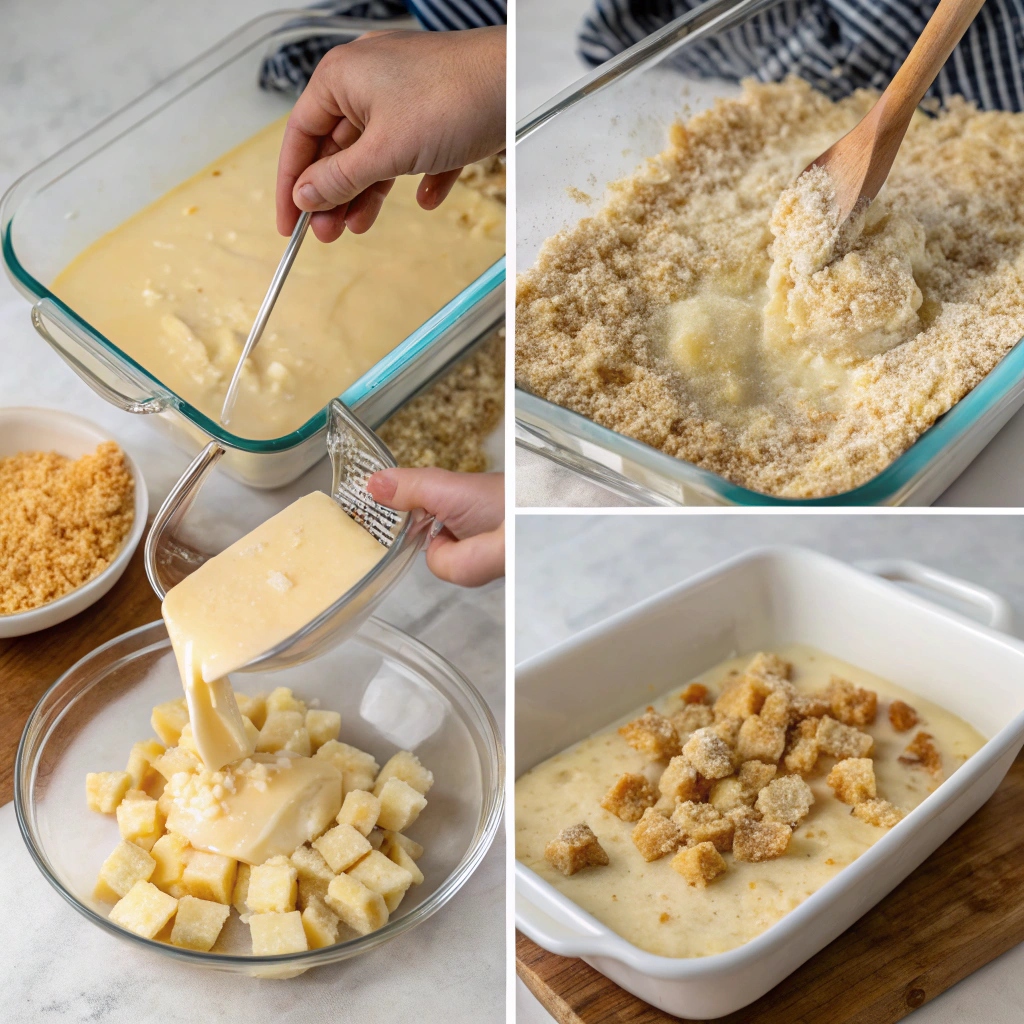 Step-by-step collage showing mixing the cheese sauce, assembling the casserole, and topping with breadcrumbs.