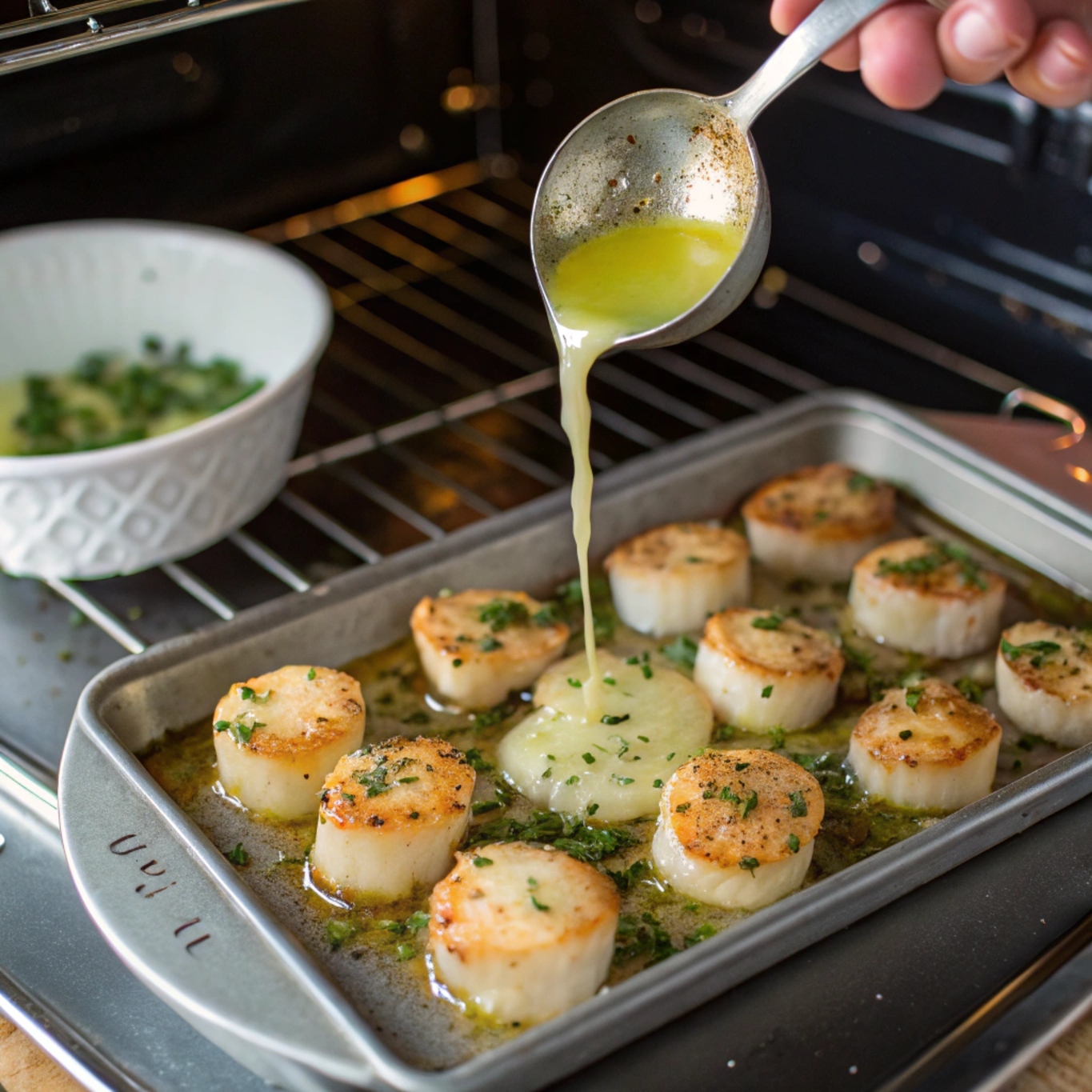 Step-by-step process of  Garlic Butter Baked Scallops: pouring garlic butter, placing scallops in the oven, and fresh herbs garnishing.