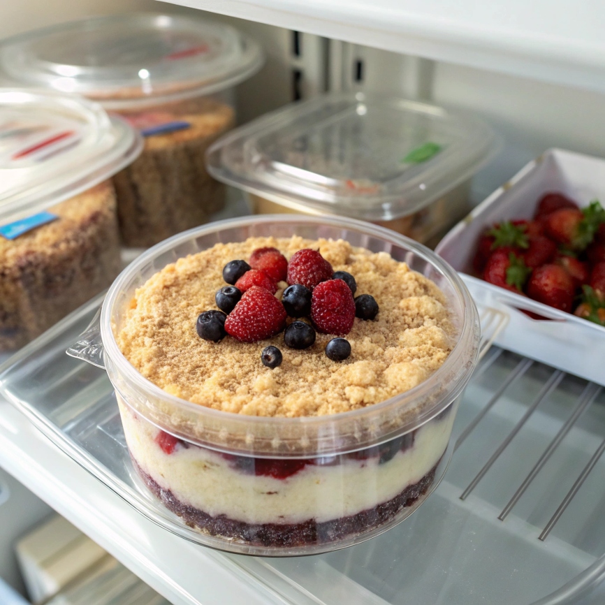 Storing Triple Berry Crumble Cheesecake in the refrigerator for freshness