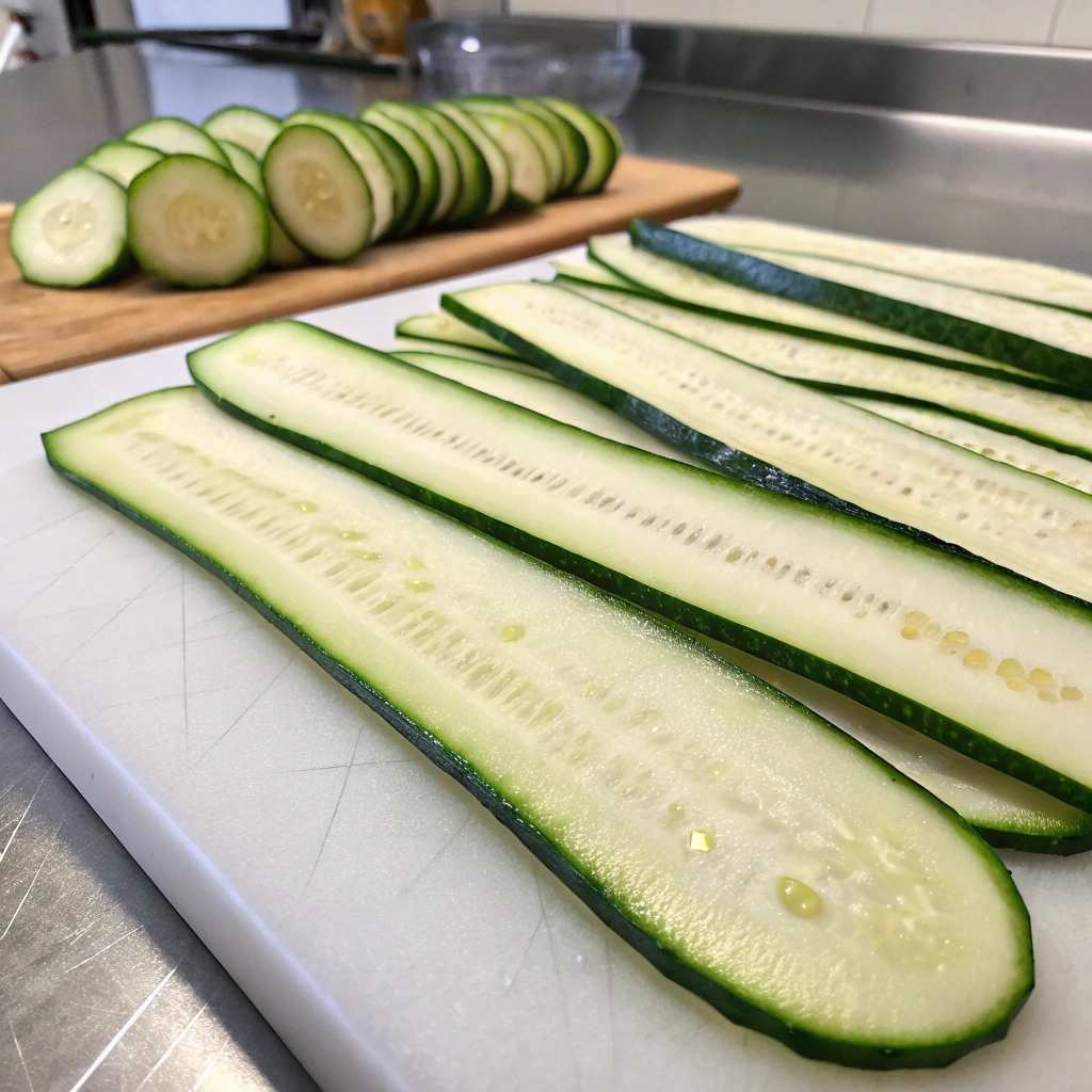 Thinly sliced zucchini arranged on a cutting board, ready to layer into the dish.