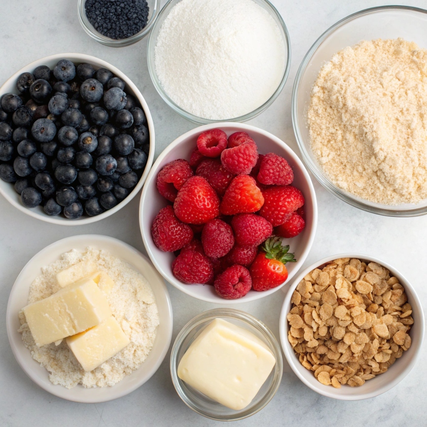Ingredients for Triple Berry Crumble Cheesecake, including fresh berries, graham cracker crumbs, and crumble topping