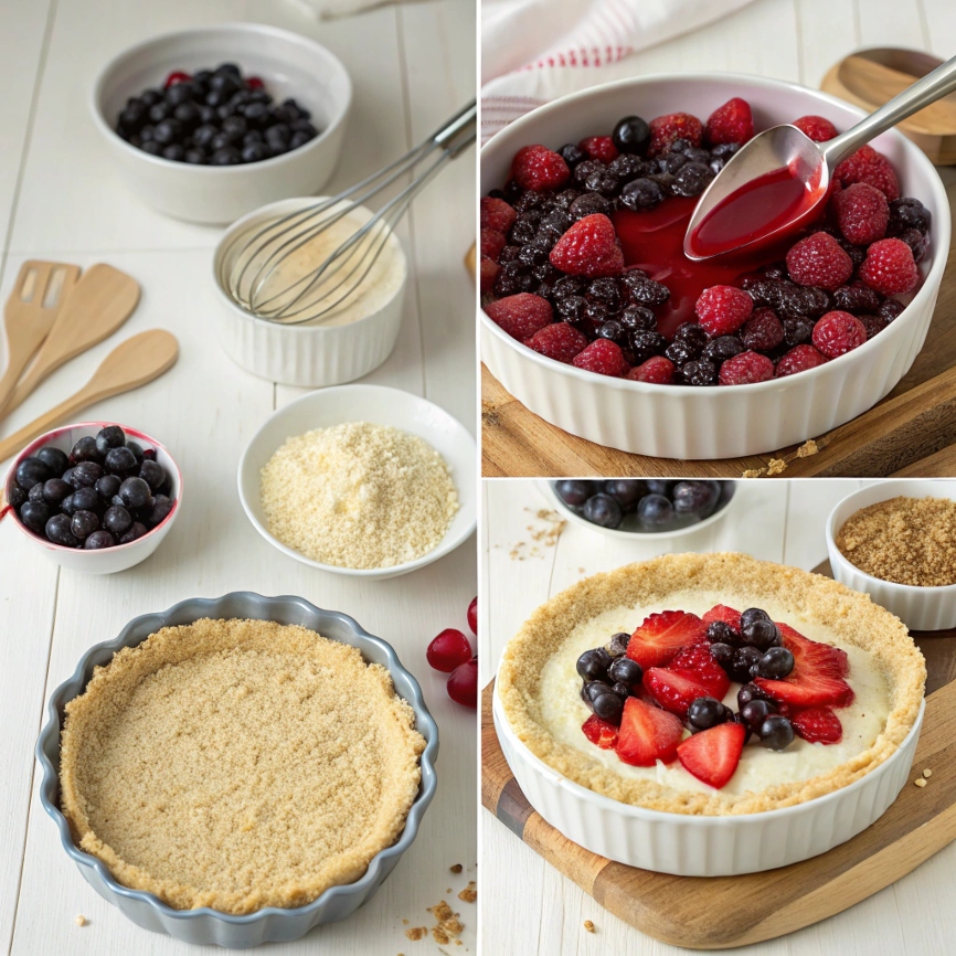 Step-by-step preparation of Triple Berry Crumble Cheesecake, including crust, filling, and crumble toppings