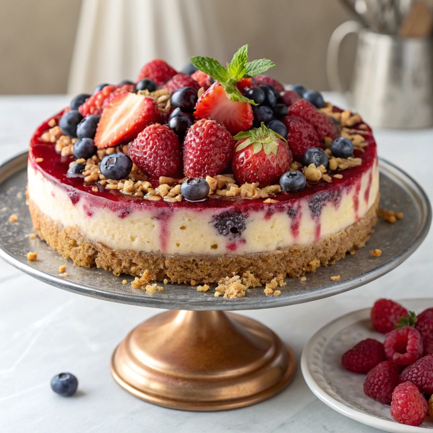 Irresistible Triple Berry Crumble Cheesecake – The Perfect Balance of Creamy, Fruity, and Crunchy