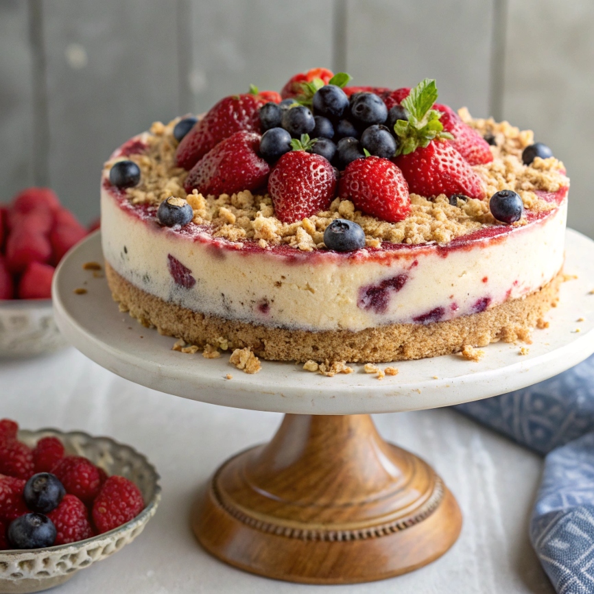 Whole Triple Berry Crumble Cheesecake, beautifully decorated and ready to serve