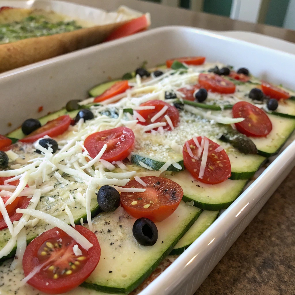 Zucchini Scarpaccia topped with sliced cherry tomatoes, olives, and shredded cheese before baking.  