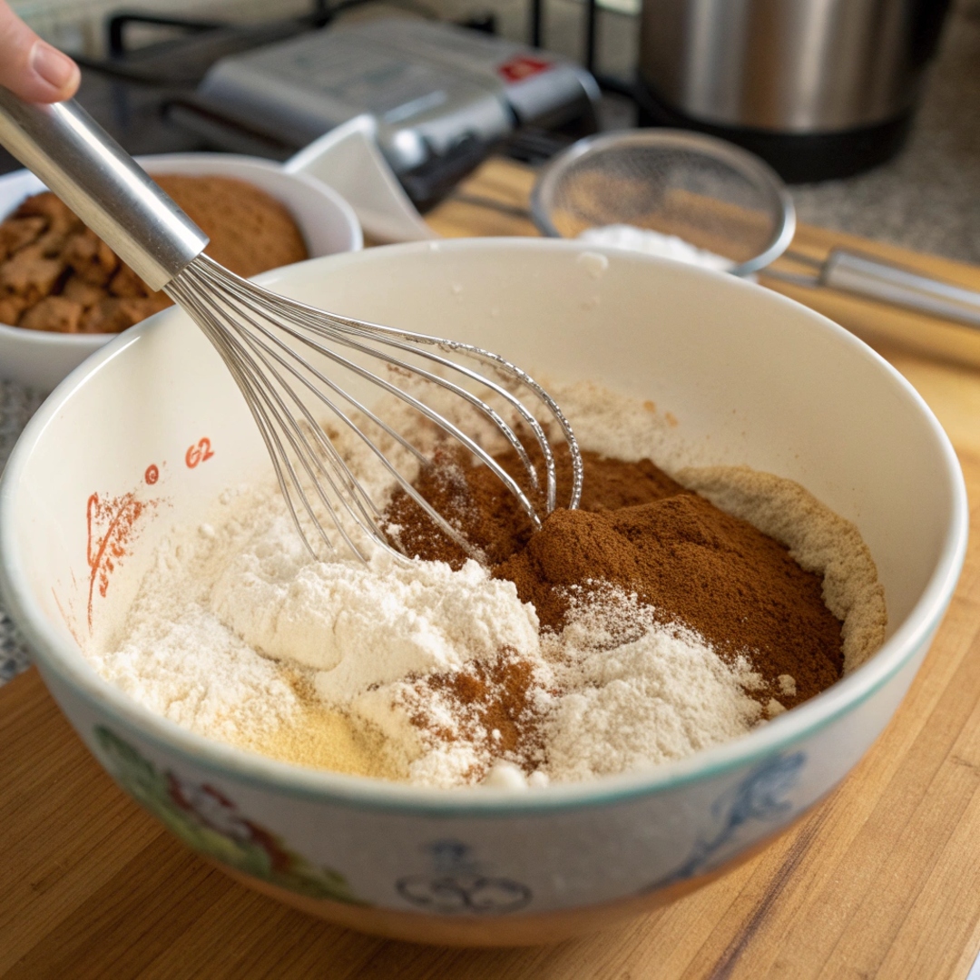 A bowl of dry ingredients, including flour, sugar, baking powder, baking soda, and cinnamon, being whisked together.