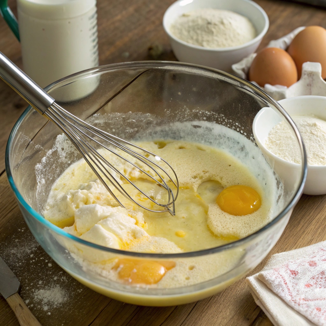 A mixing bowl with melted butter, eggs, buttermilk, and vanilla extract being whisked until smooth.