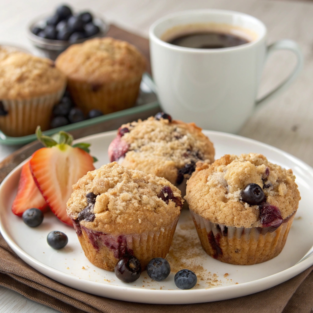 A plate of freshly baked Blueberry Crunch Muffins served with a side of fresh fruit and a cup of coffee.