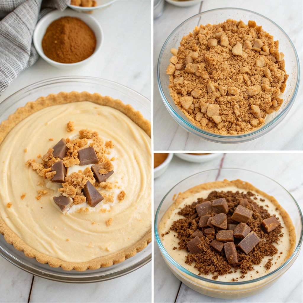 A series of step-by-step images showing the preparation of a Butterfinger Pie, including crushing Butterfinger candies, mixing ingredients, filling the crust, and garnishing the pie.