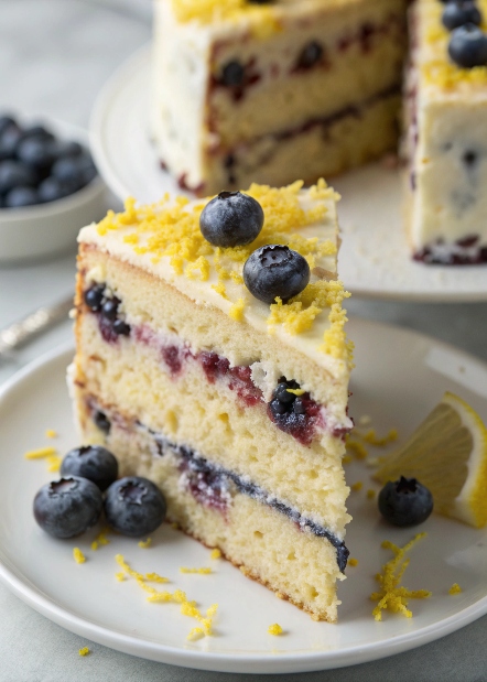 A slice of gluten-free blueberry lemon cake garnished with blueberries and lemon zest
