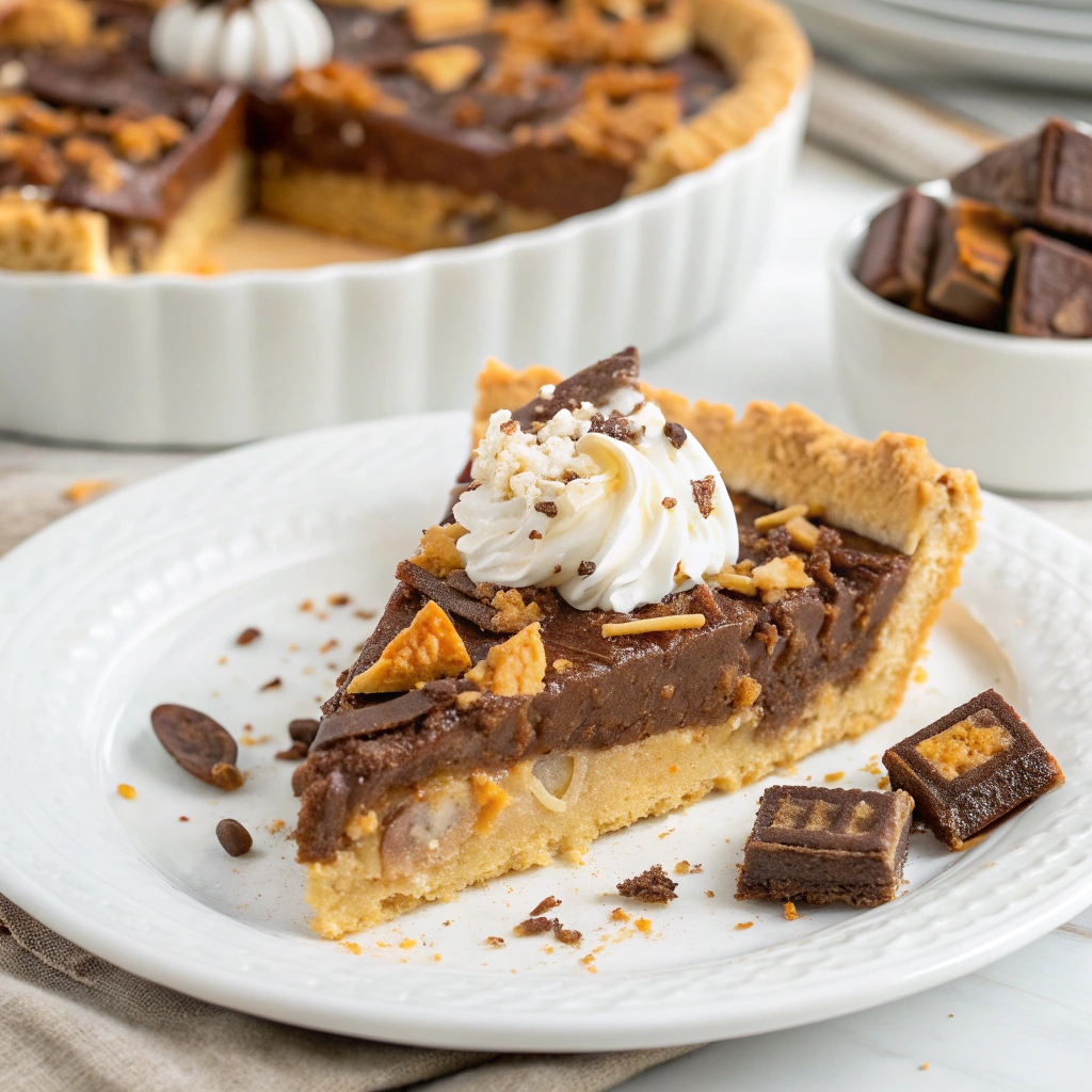 A sliced piece of Butterfinger Pie served on a plate with garnishes