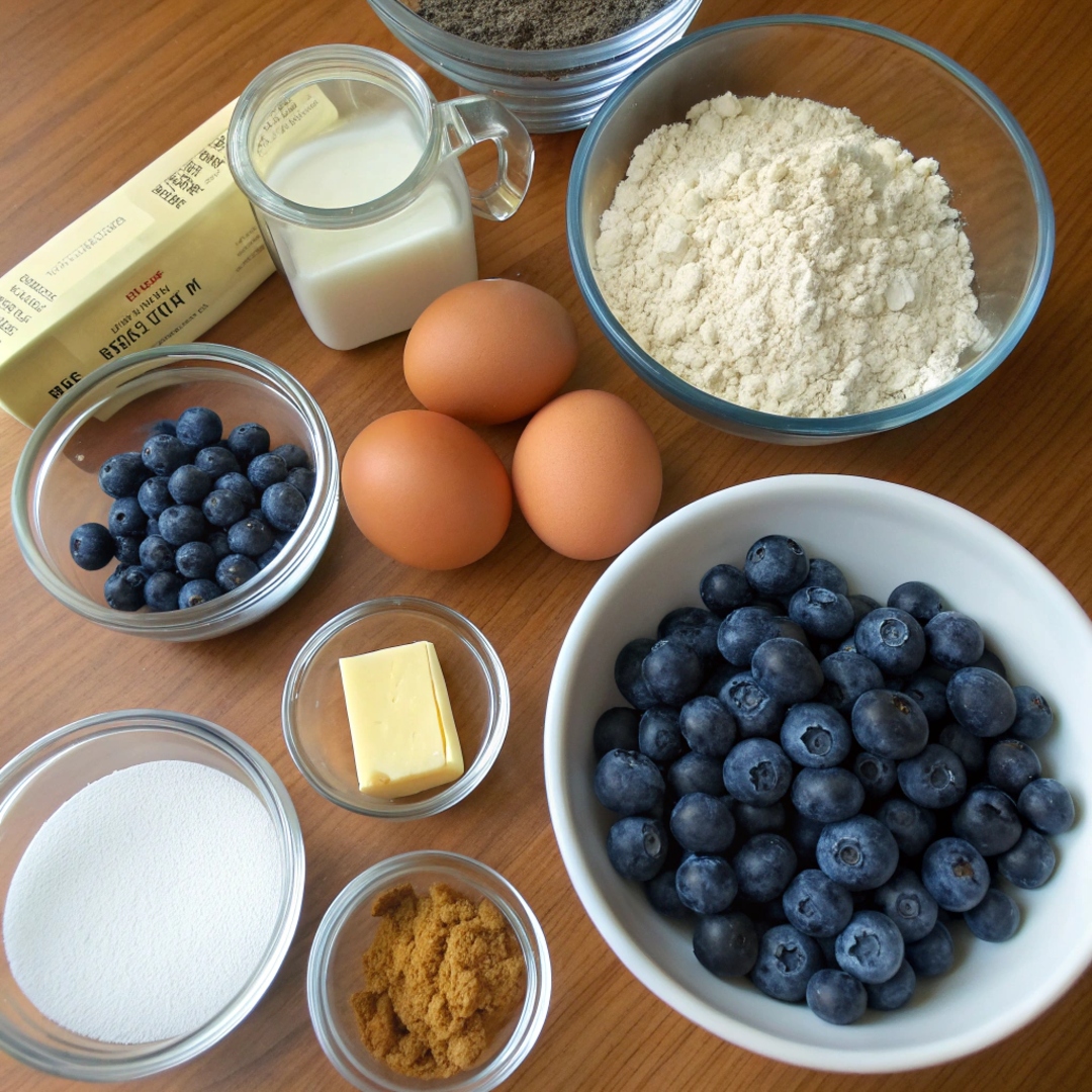 An arrangement of ingredients including fresh blueberries, flour, sugar, butter, eggs, vanilla extract, and spices for making Blueberry Crunch Muffins.