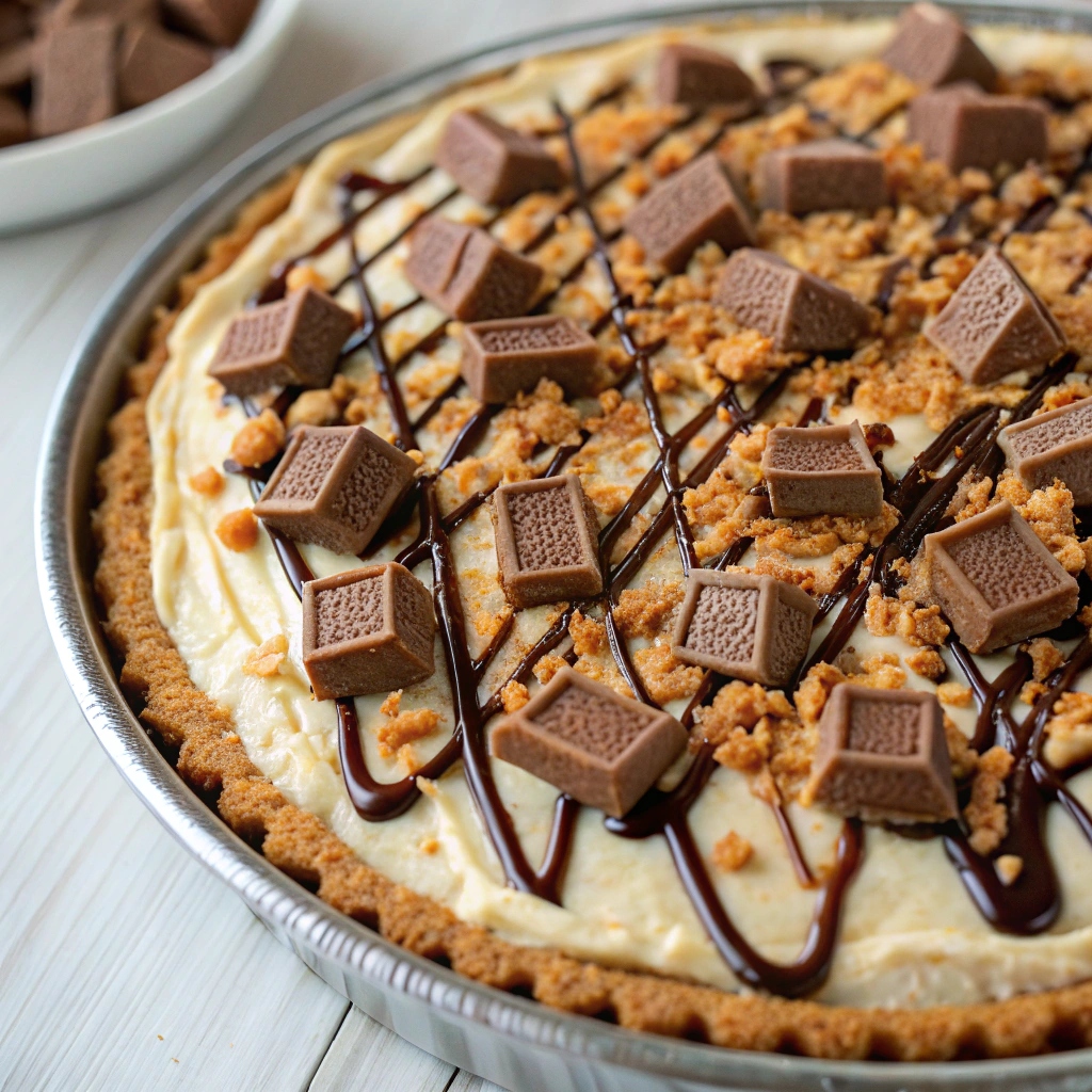 Close-up of Butterfinger Pie topped with chopped candies and chocolate drizzle