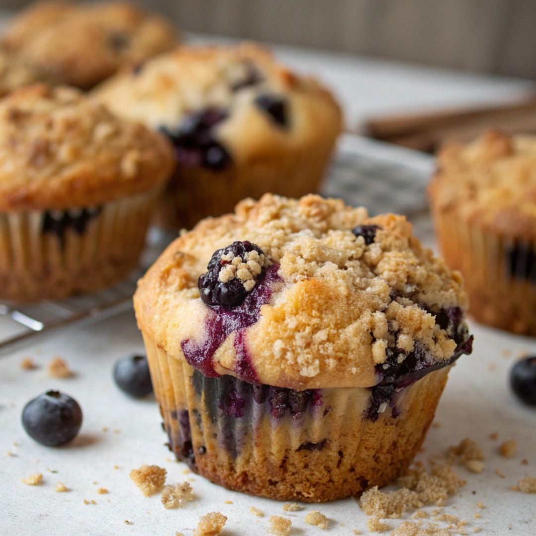 Close-up of freshly baked Blueberry Crunch Muffins showing golden crust, blueberries bursting, and crispy streusel topping.