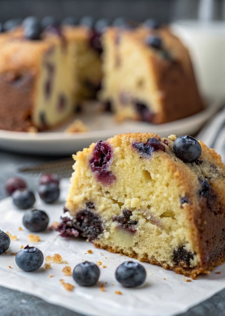 Close-up of the moist crumb and blueberries in gluten-free blueberry lemon cake