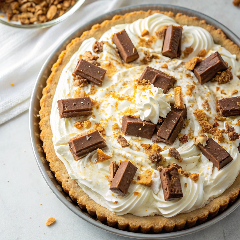 Decorated Butterfinger Pie with whipped cream and extra Candy bars