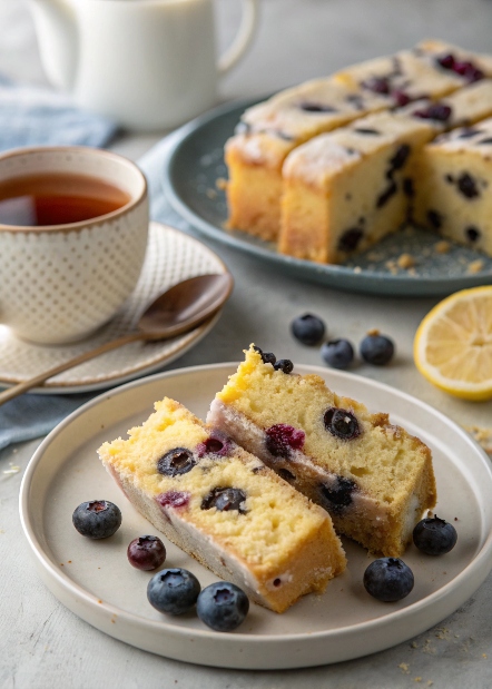 enjoying slices of gluten-free blueberry lemon cake with tea