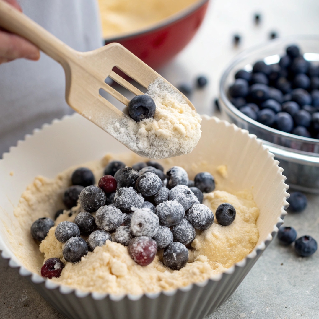 Fresh blueberries coated in flour being gently folded into the muffin batter with a spatula.