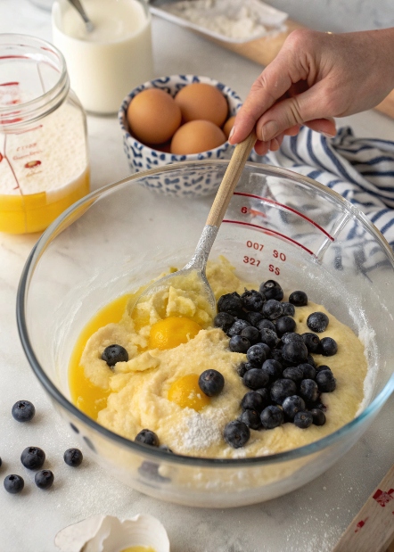 Mixing wet ingredients in a bowl for gluten-free blueberry lemon cake