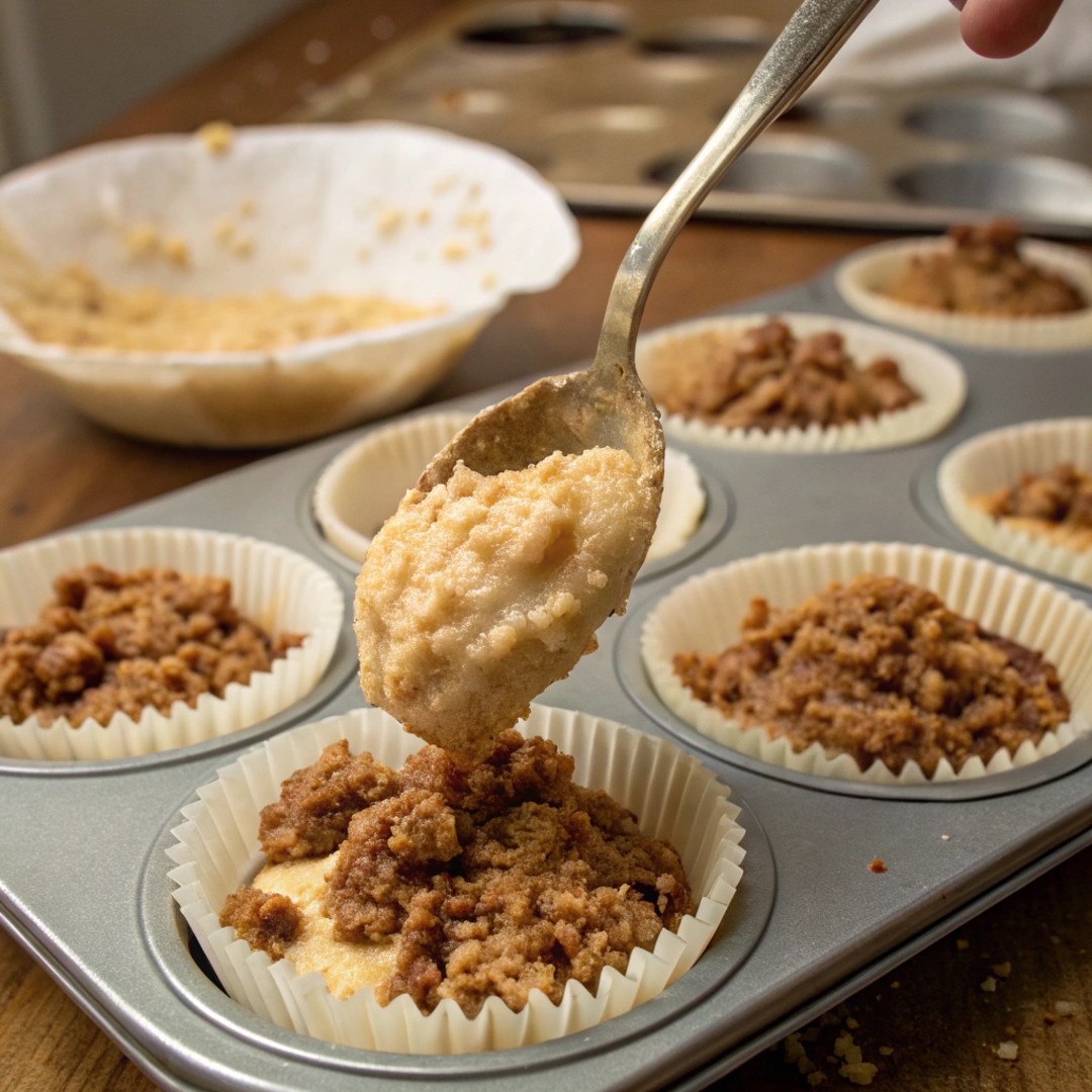 Muffin batter being spooned into paper-lined muffin tins, topped with streusel mixture.