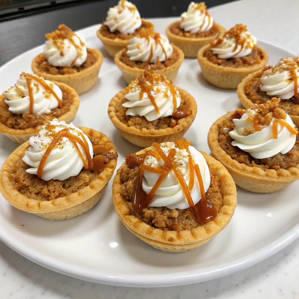 A plate of beautifully arranged Butterfinger Caramel Crunch Mini Pies topped with whipped cream and caramel drizzle.