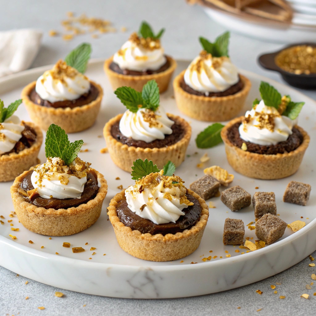 A stylish platter of mini Butterfinger Caramel Crunch Pies garnished with whipped cream, edible gold leaf, and sprigs of mint for an elegant presentation.