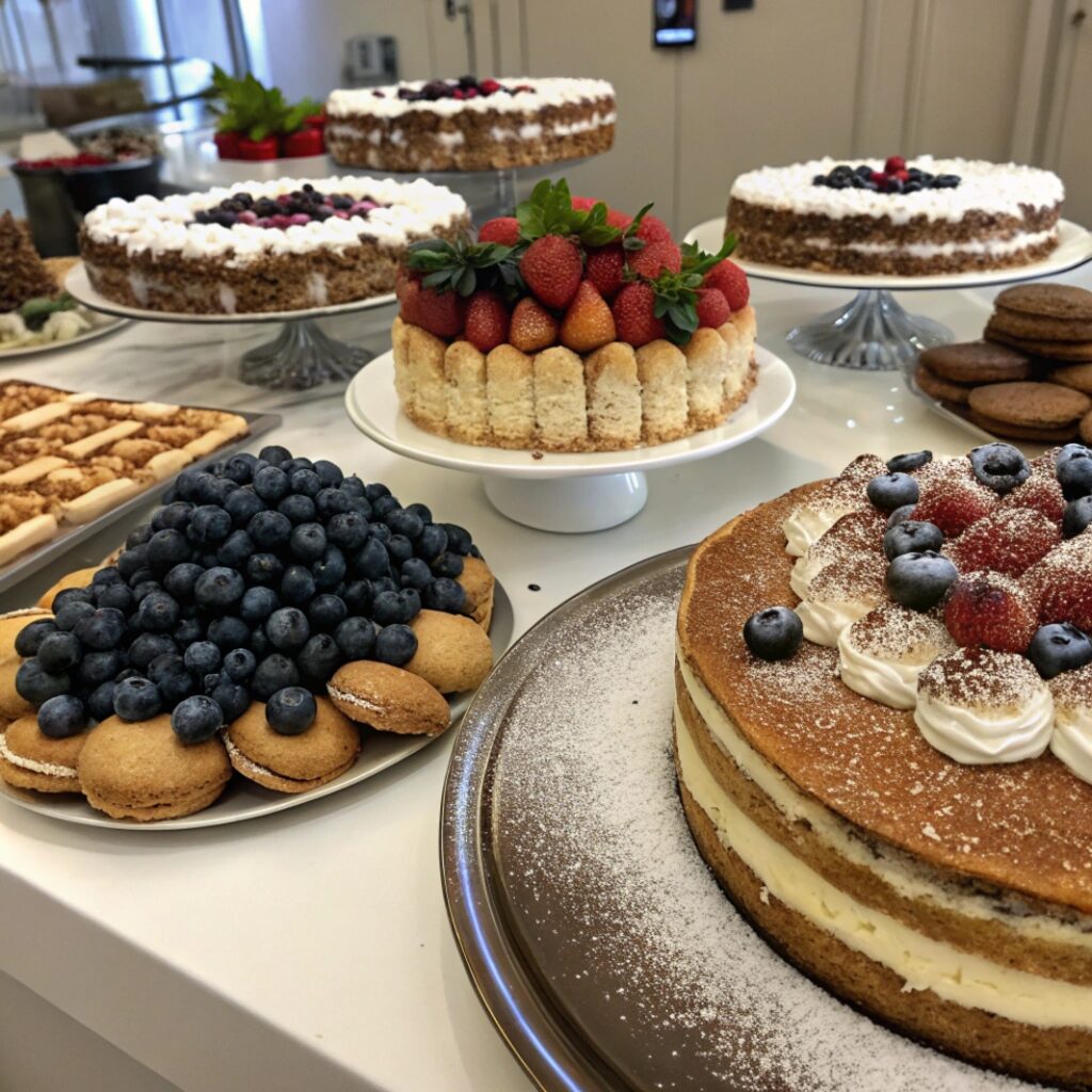 “A table filled with homemade cakes and desserts decorated with fresh berries and cream.”