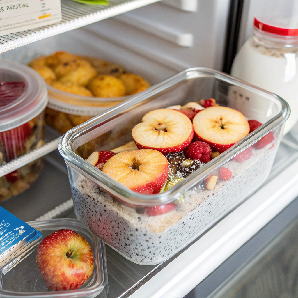 Airtight container filled with leftover healthy desserts like chia pudding and baked apples stored in the refrigerator.easy healthy dessert recipes