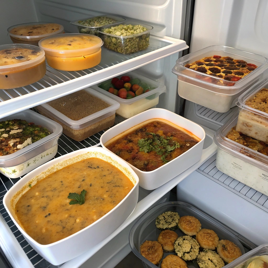 Assorted containers of homemade fall recipes, including soups, casseroles, and baked goods, stored safely in the refrigerator and freezer.