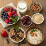Assorted healthy dessert ingredients including fresh berries, oats, nuts, dates, coconut milk, and spices arranged on a wooden table.