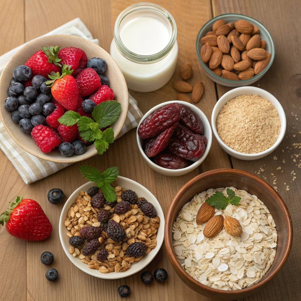 Assorted healthy dessert ingredients including fresh berries, oats, nuts, dates, coconut milk, and spices arranged on a wooden table.