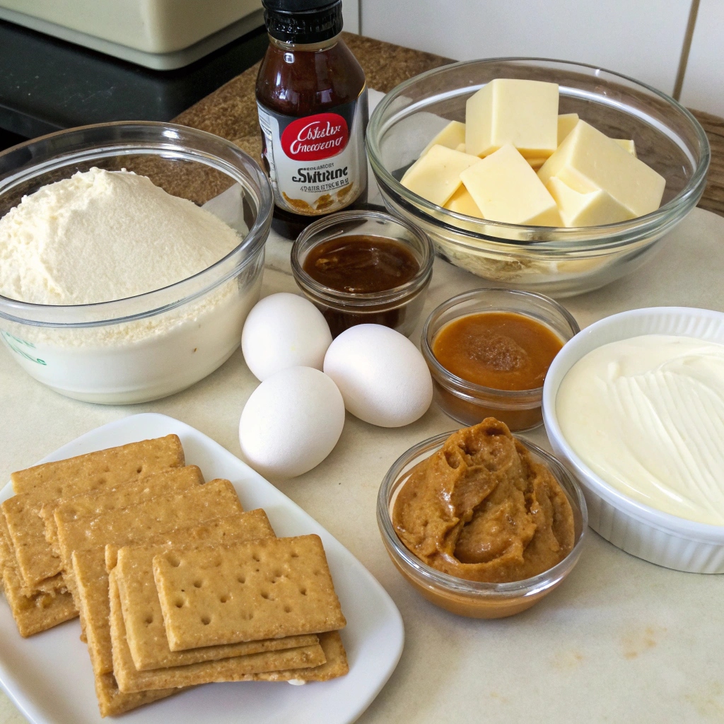 Assorted ingredients for Dulce de Leche Cheesecake displayed on a countertop, including cream cheese, dulce de leche, graham crackers, eggs, heavy cream, and vanilla.