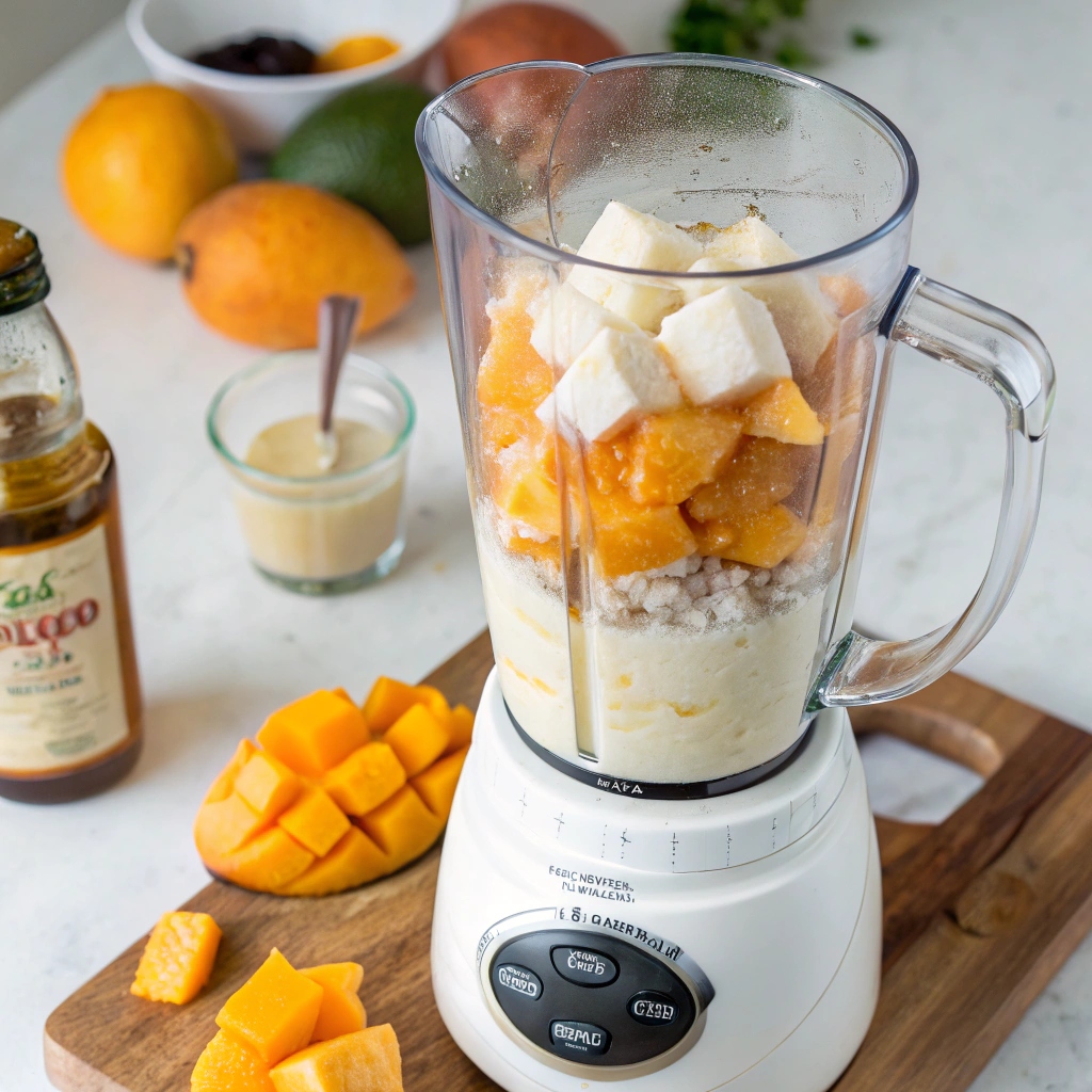 Blending frozen mango chunks with coconut milk and vanilla extract in a blender for mango coconut nice cream.easy healthy dessert recipes