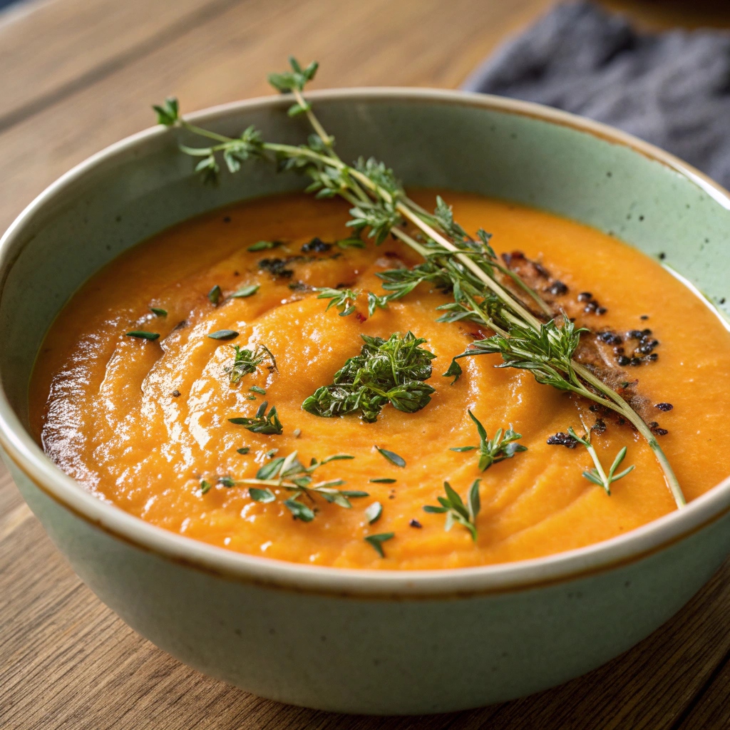 Bowl of vibrant roasted butternut squash soup garnished with fresh herbs.
