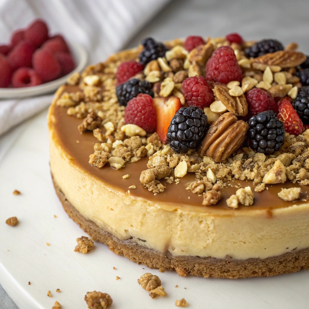  Chopped nuts and fresh berries arranged on top of a finished Dulce de Leche Cheesecake.