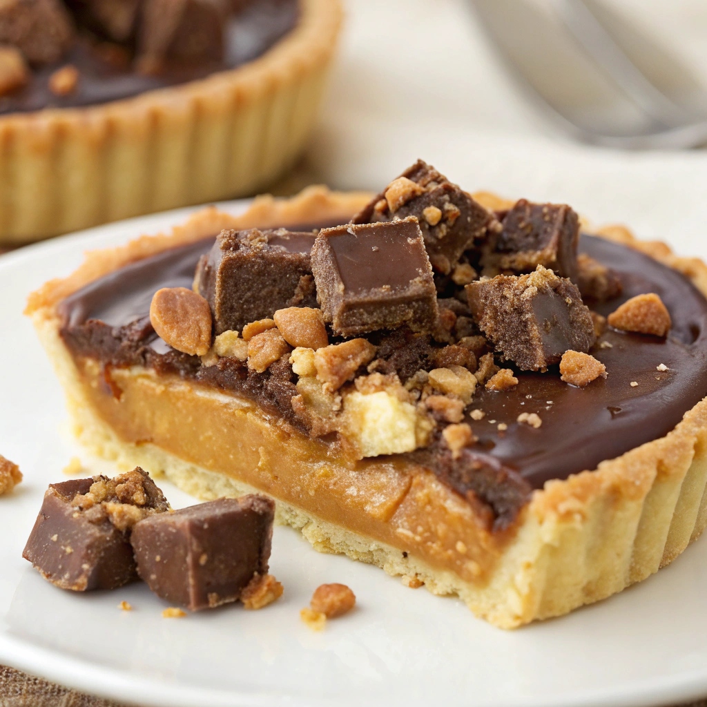 Close-up of a Butterfinger Caramel Crunch Mini Pie showing layers of crust, caramel, chopped Butterfinger, and chocolate topping.