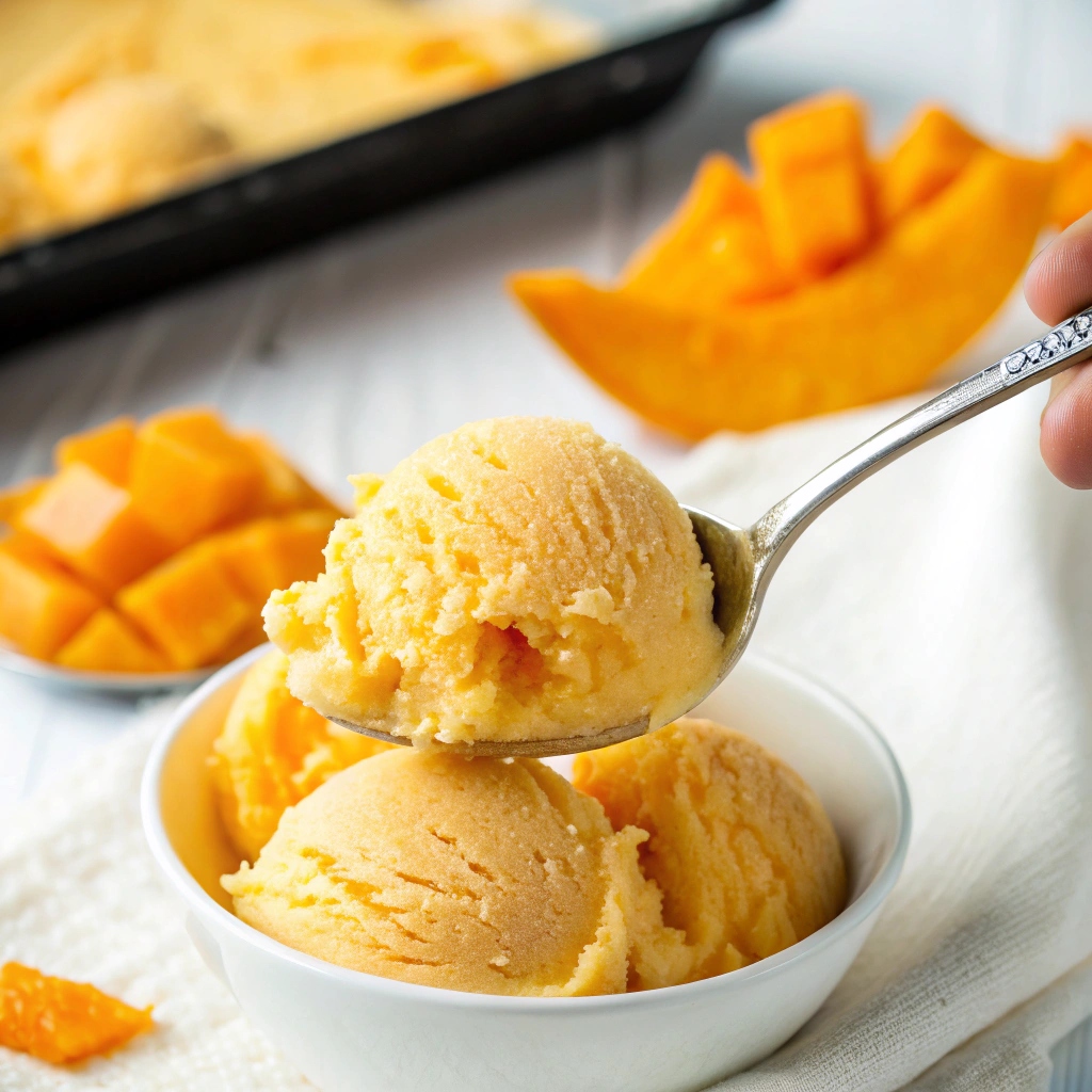 Blending frozen mango chunks with coconut milk and vanilla extract in a blender for mango coconut nice cream.easy healthy dessert recipes