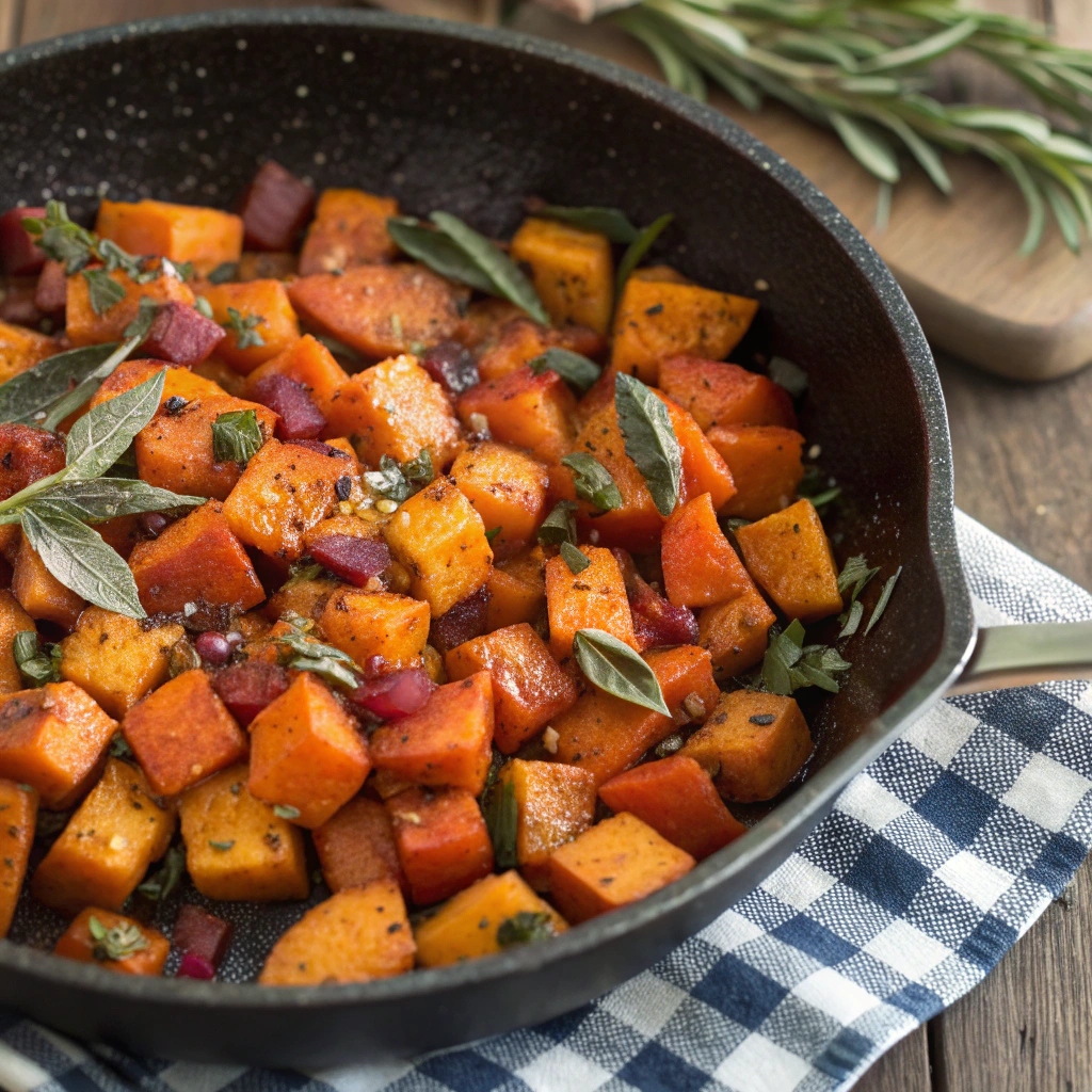 Colorful sweet potato hash with fresh sage and crispy edges in a skillet.