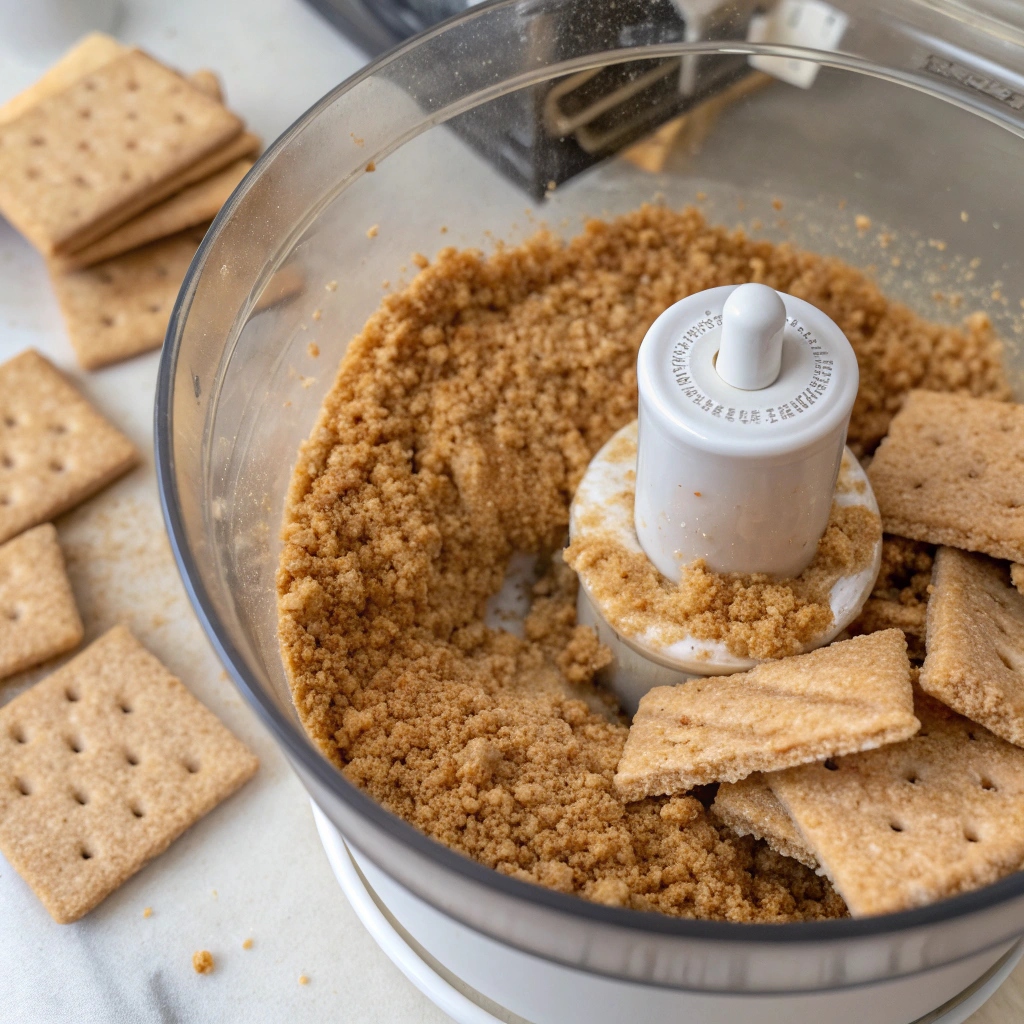 Graham crackers being crushed into fine crumbs in a food processor for the cheesecake crust.