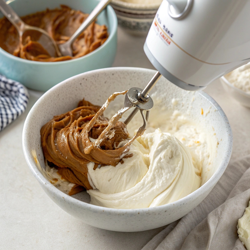 Cream cheese and dulce de leche being mixed in a bowl with an electric mixer for cheesecake filling.